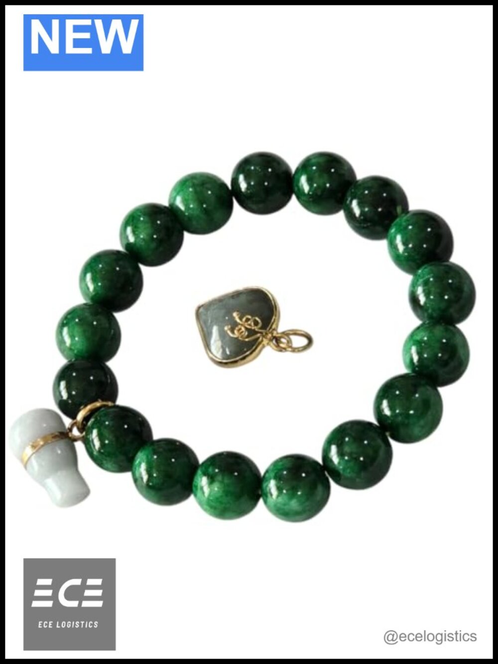 Natural Green Jade Bead Bracelet 12mm Gourd Charm Stretch Feng Shui